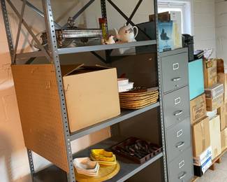 Metal shelving units and file cabinets.
