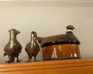 Vintage brass pheasants and Secla pottery large pheasant covered casserole dish with lid.