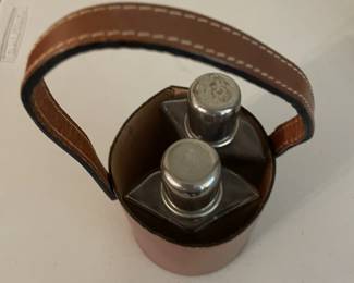 Vintage English double glass decanters with leather case.