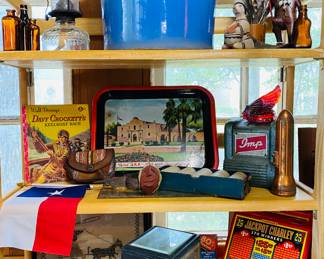 Jax beer The Alamo metal tray, giant antique blue crock, old slot machines and items from our collective past