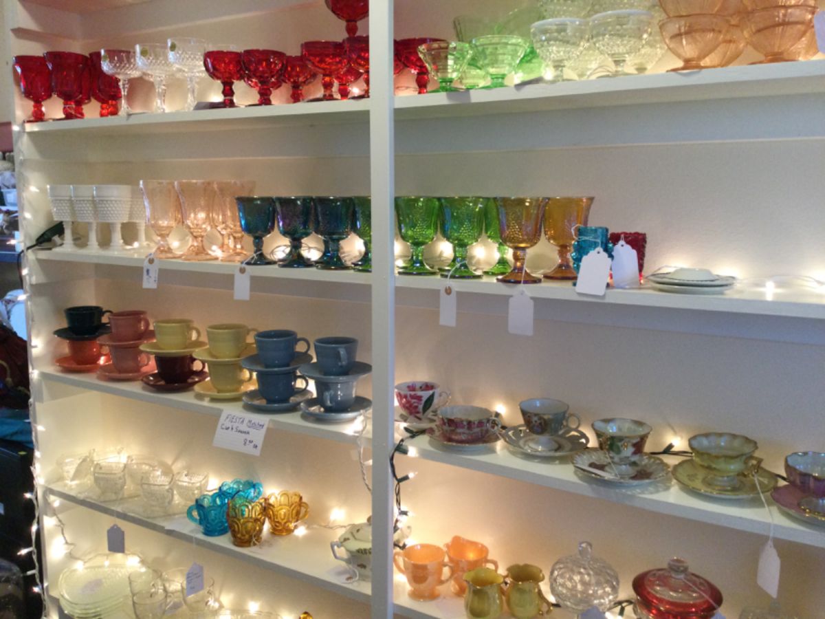 Expansive collection of vintage glasses, cream and sugar sets, antique cup and saucers, Fiesta cup and saucers etc..