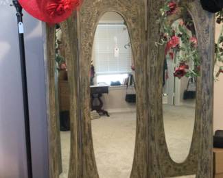 Must see to appreciate.  Beautiful Full Length Mirror, Free Standing Trifold Mirror, Wood Framed.