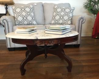Antique Oval Coffee Table with Marble Top