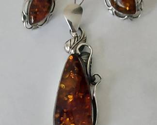 Baltic Amber sterling silver Pendant and earrings 
