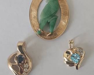 14k Gold Jade Parrot  Pendant, 14k Sapphire and Diamond Pendant, 10K Gold Blue Topaz Pendant
