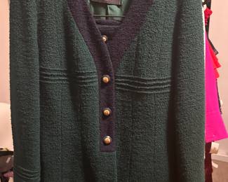 Chanel Green / Navy Trim Wool Skirt Suit