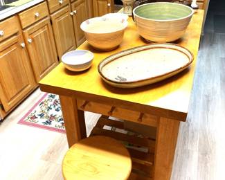 Artisan Pottery and Wooden Stool