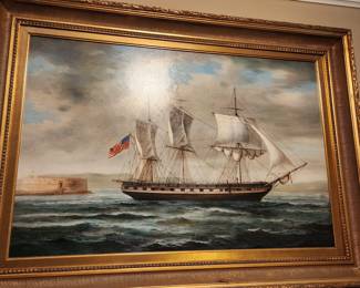 Cooper, Large Framed Sailing Ship, Oil Painting on Canvas