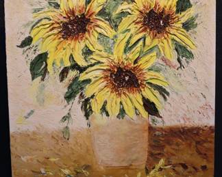 Exuberant 1961 Sunflower Oil Painting By JH - Vintage Artistic Expression