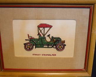 Set Of 2 Vintage Needlepoint Collectibles  1908 Stanley Steamer & 1908 Buick