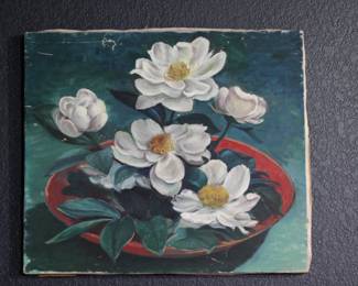 Vintage Mongolian-Inspired Floral Oil Painting Unframed White Blossoms Art