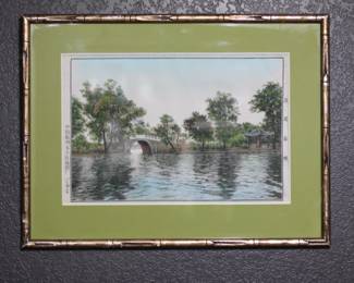 Exquisite Hand-Colored Silk Artwork - Traditional Chinese Scenery With Bridge And Pavilion - Elegantly Framed
