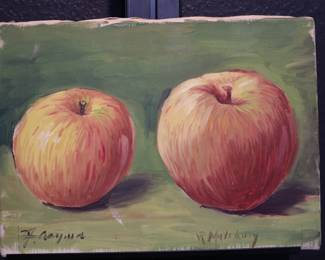 Vintage Still Life Apple Painting - Dual-Signed Original Artwork