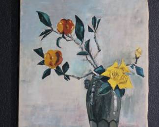 Vintage Floral Still Life Oil Painting  Orange And Yellow Roses In Vase