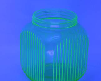 1930s Uranium Glass Hoosier Canister Cookie Jar - Vintage Green Vaseline Glass