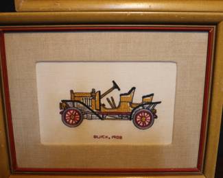 Set Of 2 Vintage Needlepoint Collectibles  1908 Stanley Steamer & 1908 Buick