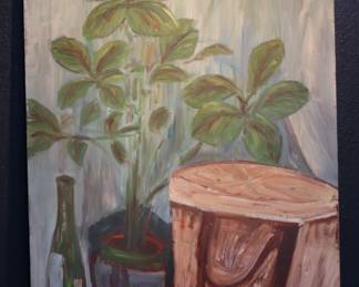 Verdant Serenity - Charming Unknown Artist's Oil Painting On Canvas, Vintage Still Life With Plants And Potter