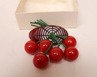 Vintage Bakelite Cherry Cluster Brooch - Retro Red Statement Piece