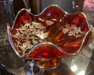 Red glass bowl with gold overlay