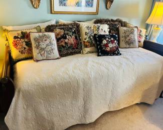 Mahogany day bed (no trundle), needlepoint pillows