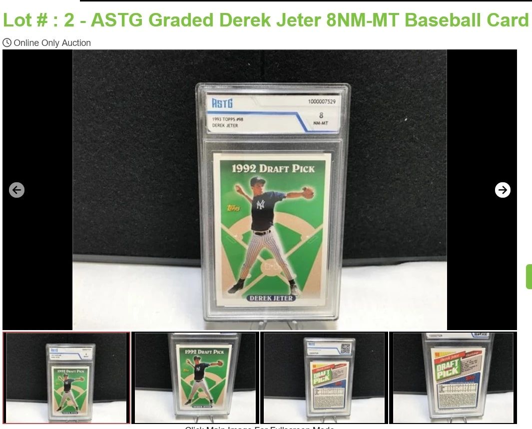 Lot # : 2 - ASTG Graded Derek Jeter 8NM-MT Baseball Card
1993 Topps #98 Derek Jeter , slab is clean, 1992 Draft Pick.