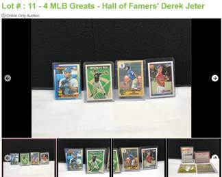 Lot # : 11 - 4 MLB Greats - Hall of Famers' Derek Jeter
n Sleeves - 1987 Topps Bo Jackson, 1992 Topps Draft Pick Derek Jeter, 1991 Topps Chipper Jones and 1990 Tops All-Star Rookie Ken Griffey, Jr.