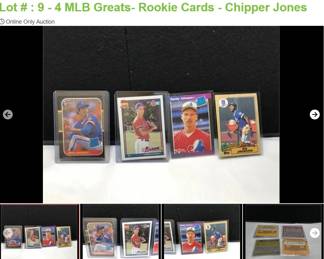 Lot # : 9 - 4 MLB Greats- Rookie Cards - Chipper Jones
n Sleeves - 1987 Donruss Greg Maddux, 1989 Donruss Randy Johnson, 1991 Topps Chipper Jones and 1987 Bo Jackson.