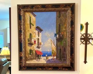 European Seaside Village Painting, signed