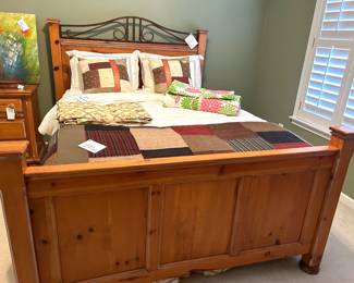 Pine Queen Bed with Mattress and Box Springs
