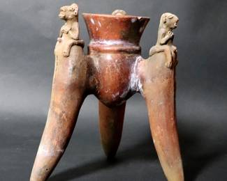 Tall Pre-Columbian Tripod Rattler Vessel