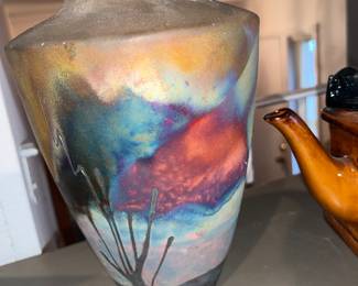 NORMAN BACON, WOODSTOCK, NEW YORK ARTIST SIGNED RAKU POTTERY VASE. Absolutely splendiferous jug!!!!!  signed!  wow!