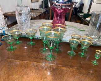 Green Depression glass with gold trim different sizes