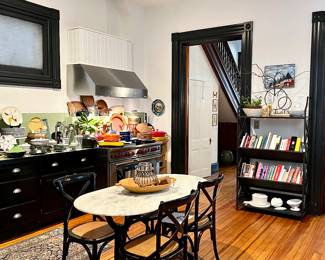 Marble top French bistro style table with 4 ratan chairs