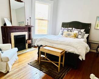 Slipcovered Swivel chair, loads of smaller rugs, new and like new bedding...