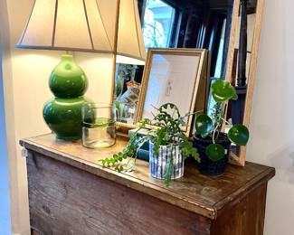 Serena and Lily mirror, gorgeous gourd lamp, French etchings, and a blanket chest to die for...