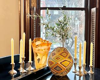 Blown Glass, sterling candlesticks and hand thrown pottery