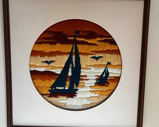Vintage handmade embroidered sailboat artwork 