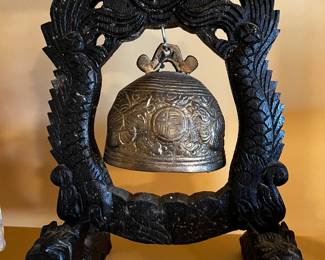 Vintage Chinese Gong Bell with wooden carved stand