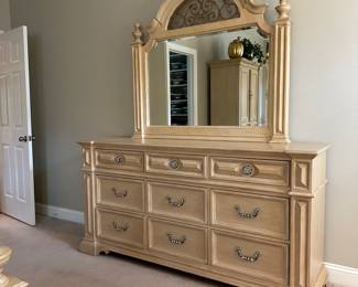 C11 - $300. Thomasville Dresser with Mirror. Measures 20" deep x 74" long x 85" tall. 