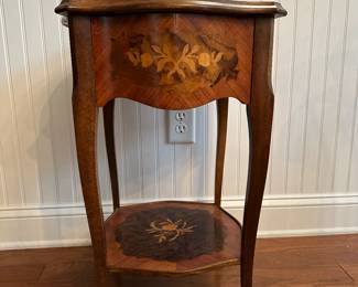 C27 - $225. Bambergers Inlay Side Table. Measures 17" square on the top x 25" tall. 