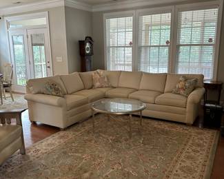 C2 - $1450. Ethan Allen 3 Piece Sectional. Assembled it measures 90" x 110" across the back. (left side is slightly shorter). Very Comfortable! Back cushions are attached. 