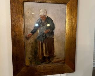 C26 - $250. Portrait of an older lady feeding her Chickens. Measures 14" x 18.5". Signed top right corner Veules en Cauc Aug - 1878 EEG.