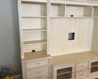 C1 - $350. Ethan Allen Media Center. Moves in at least 6 Pieces. Assembled it is 80" tall x 112" long. Each end piece / bookcase is 24.5" wide x 80" tall. Sides are finished so they can be used independently. 