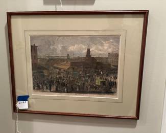 C115 - $30. Washington Market, New York City. Sketched by Stanley Fox. Framed - Measures 21" x 16.5". 