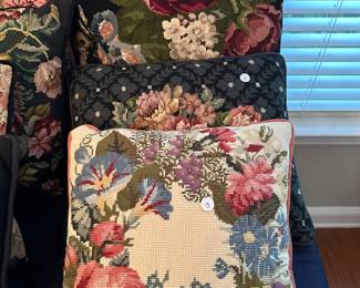 C87 - Needlepoint Pillows. Excellent Condition. Priced individually. Front to Back $15, $15, $20. 