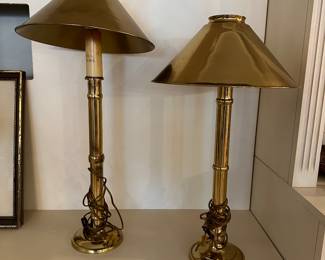 C29 - $50 - Pair of brass lamps with brass shades. 