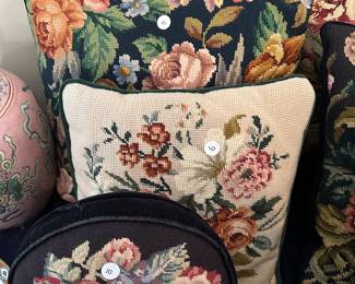 C89 - Needlepoint Pillows. Excellent Condition. Priced individually. Front to Back $10, $10, $15. 