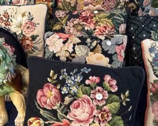 C88 - Needlepoint Pillows. Excellent Condition. Priced individually. Front to Back $15, $15 $15, $20. 