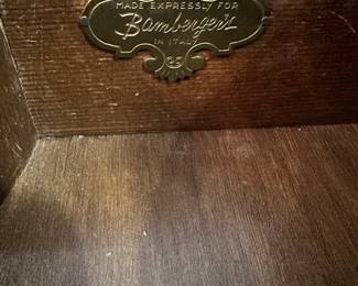 C27 - $225. Bambergers Inlay Side Table. Measures 17" square on the top x 25" tall. 