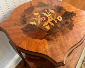 C27 - $225. Bambergers Inlay Side Table. Measures 17" square on the top x 25" tall. 